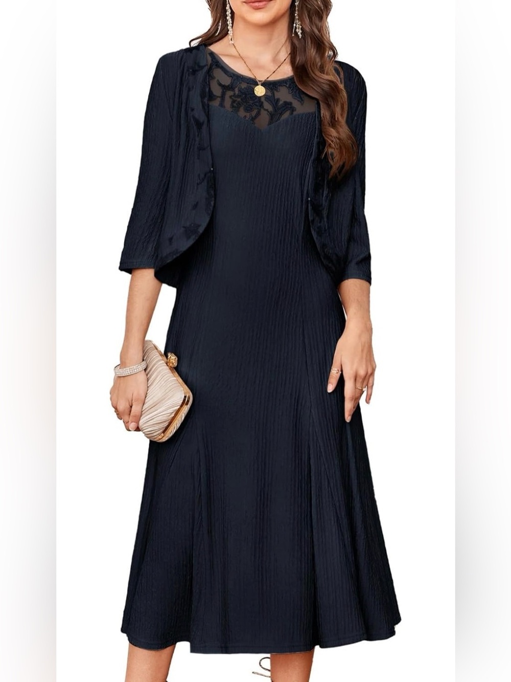 Grace Karin Navy Blue Midi Dress with Lace Yoke and Bolero